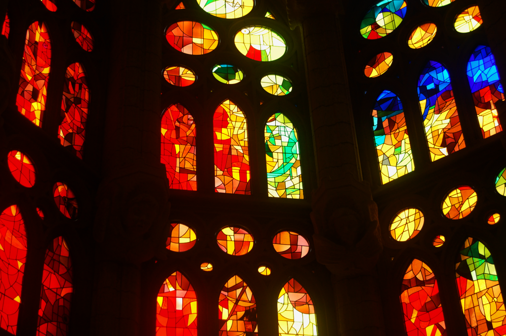 Barcelona, Spain. Window inside Gaudi's La Sagrada Familia